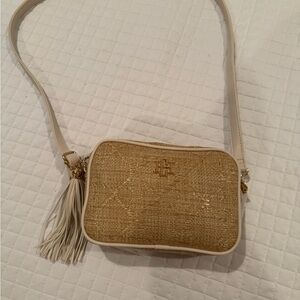 Caroline Hill Woven Straw Crossbody Bag with Tassel - tan w/white leather trim